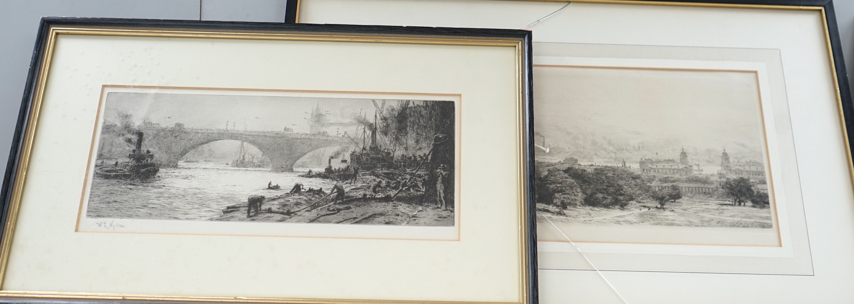 William Lionel Wyllie (1851-1931), two drypoint etchings, View of Greenwich and Bridge from The Thames, signed in pencil, 15 x 37cm and 12 x 32cm